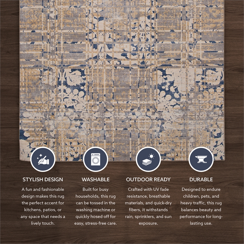 Linon Indoor Outdoor Machine Washable Anthia Area 5'x7' Rug in Navy and Sand