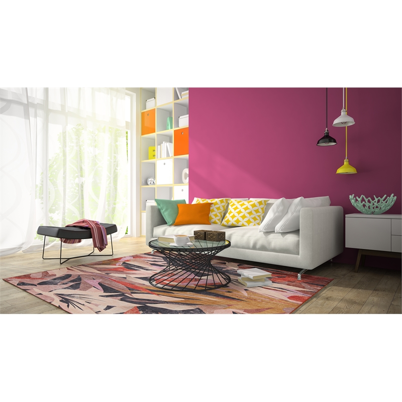 Linon Indoor Outdoor Machine Washable Luna Area 7'x9' Rug in Orange and Cream