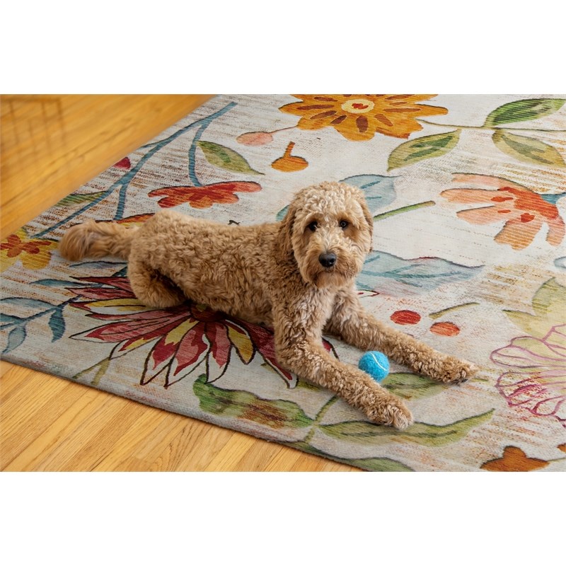 Linon Indoor Outdoor Machine Washable Ridley Area 7'x9' Rug in Ivory and Pink