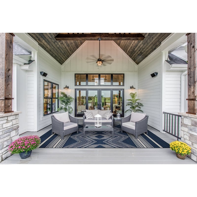 Linon Indoor Outdoor Machine Washable Danton Area 7'x9' Rug in Navy and Ivory
