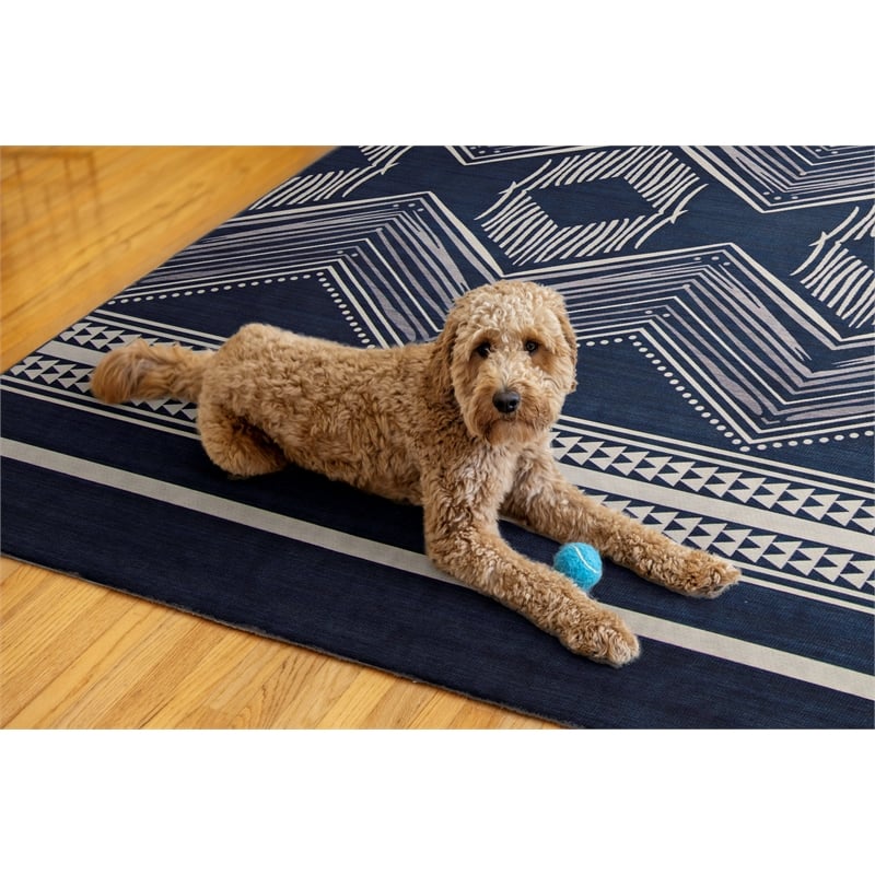 Linon Indoor Outdoor Machine Washable Danton Area 7'x9' Rug in Navy and Ivory