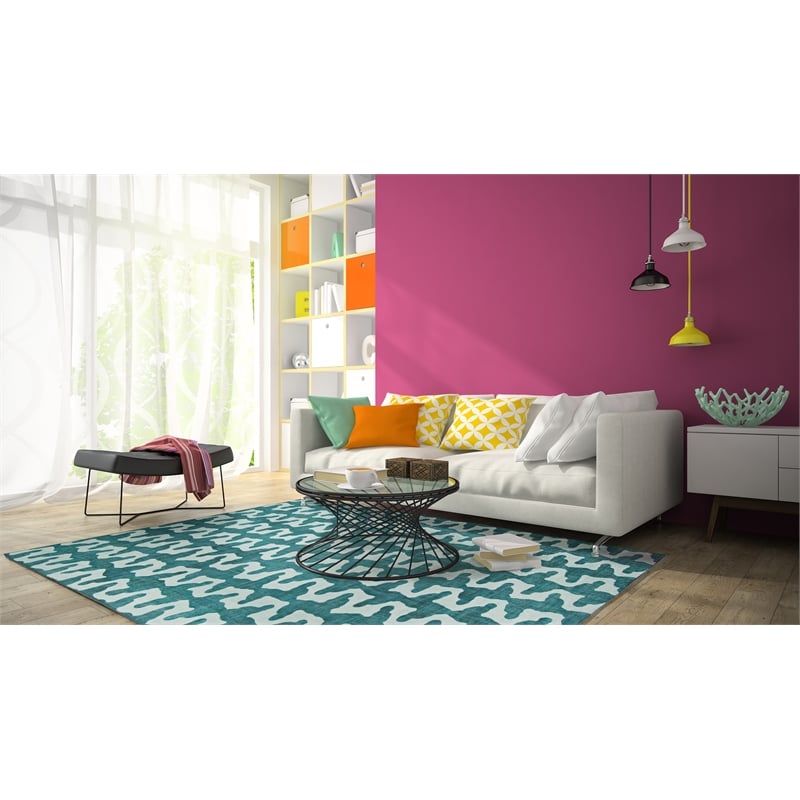 linon indoor outdoor machine washable montane area 7'x9' rug in aqua blue