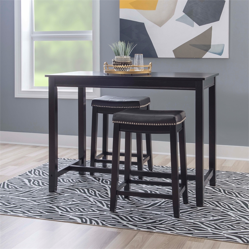 Linon Claridge Wood Three Piece Counter Dining Set Faux Leather Seats in Black