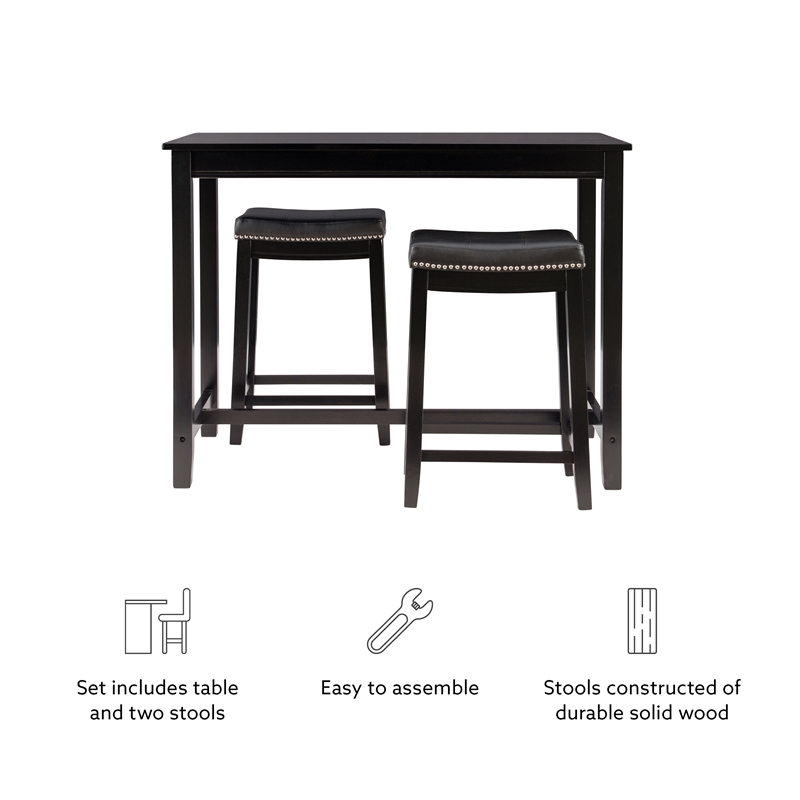 Linon Claridge Wood Three Piece Counter Dining Set Faux Leather Seats in Black