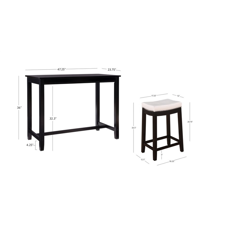 Linon Claridge 3 Pce Counter Dining Set White Faux Leather Seats in Black Wood