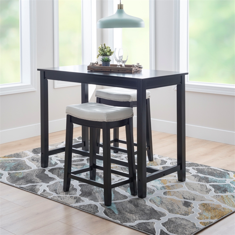 Linon Claridge 3 Pce Counter Dining Set White Faux Leather Seats in Black Wood