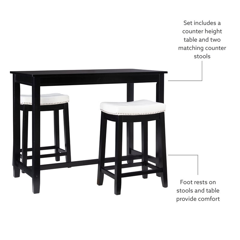 Linon Claridge 3 Pce Counter Dining Set White Faux Leather Seats in Black Wood