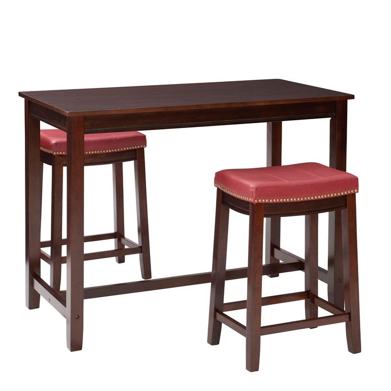 Linon Claridge 3 Piece Counter Dining Set Red Faux Leather Seats in Brown Wood