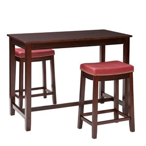 Linon Claridge 3 Piece Counter Dining Set Red Faux Leather Seats in Brown Wood