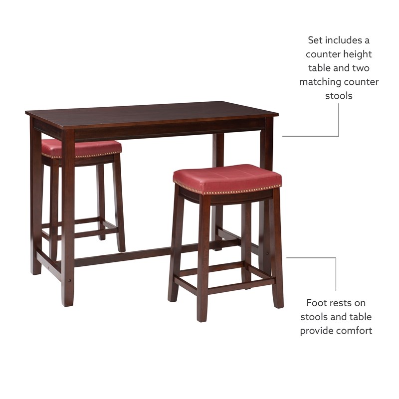 Linon Claridge 3 Piece Counter Dining Set Red Faux Leather Seats in Brown Wood