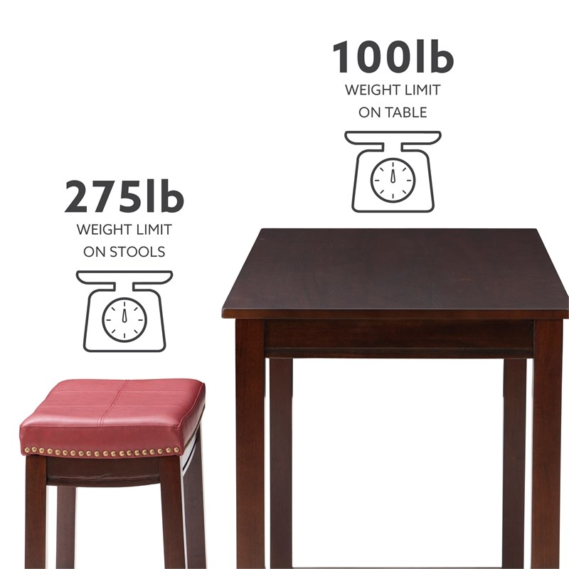 Linon Claridge 3 Piece Counter Dining Set Red Faux Leather Seats in Brown Wood