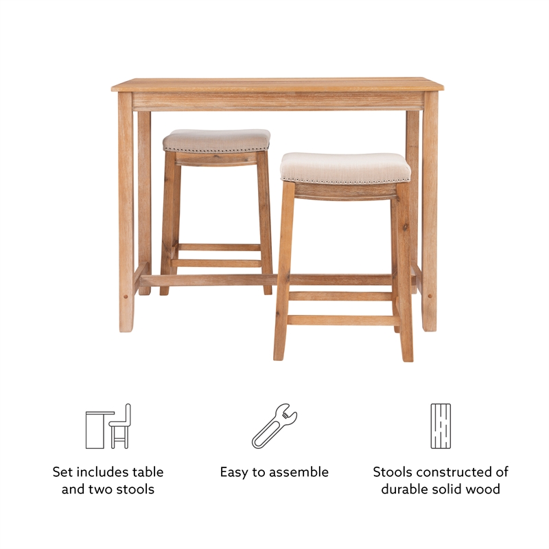 Linon Claridge Three Piece Counter Dining Set Padded Seats in Natural Brown Wood