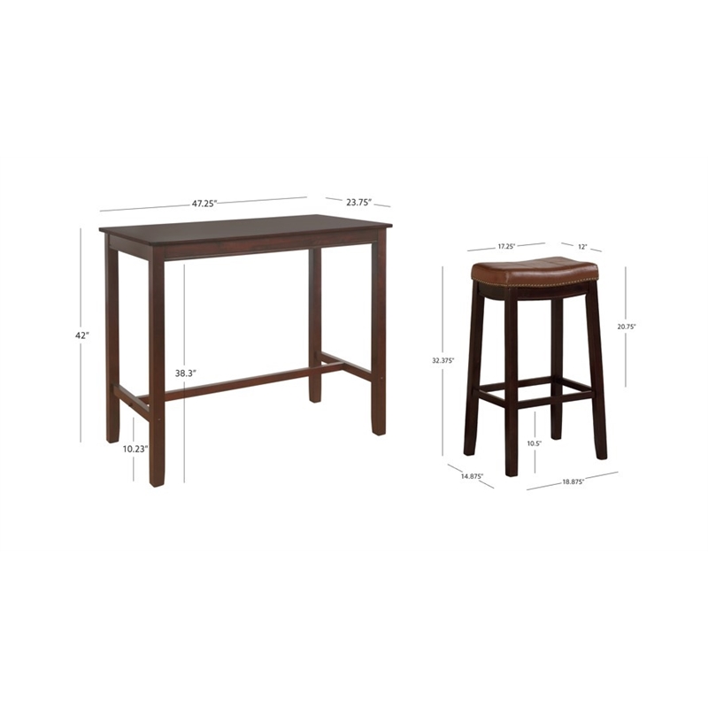 Linon Claridge Wood 3 Pce Bar Dining Set Cognac Faux Leather Seats in Brown