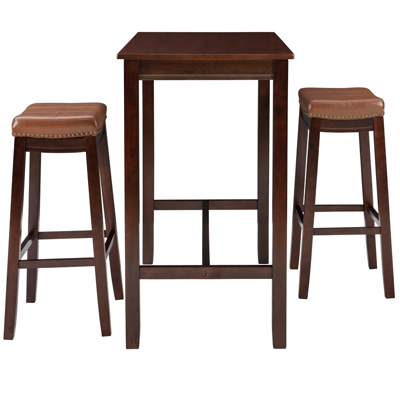 Linon Claridge Wood 3 Pce Bar Dining Set Cognac Faux Leather Seats in Brown