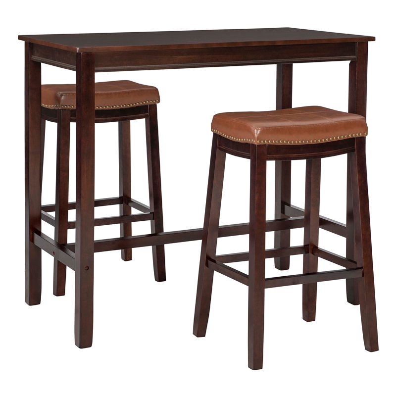 Linon Claridge Wood 3 Pce Bar Dining Set Cognac Faux Leather Seats in Brown