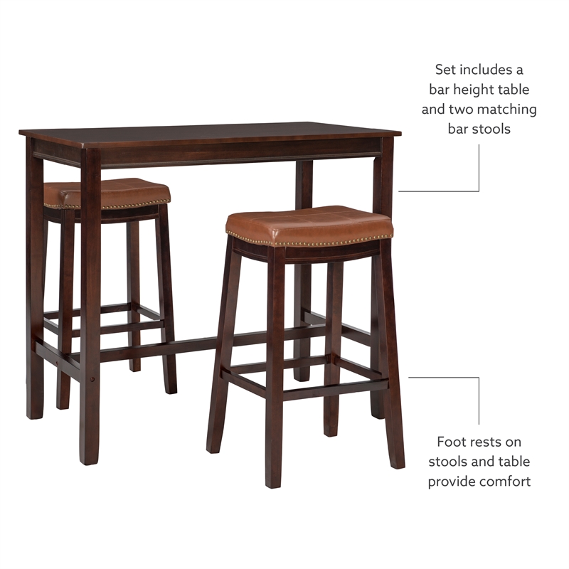 Linon Claridge Wood 3 Pce Bar Dining Set Cognac Faux Leather Seats in Brown