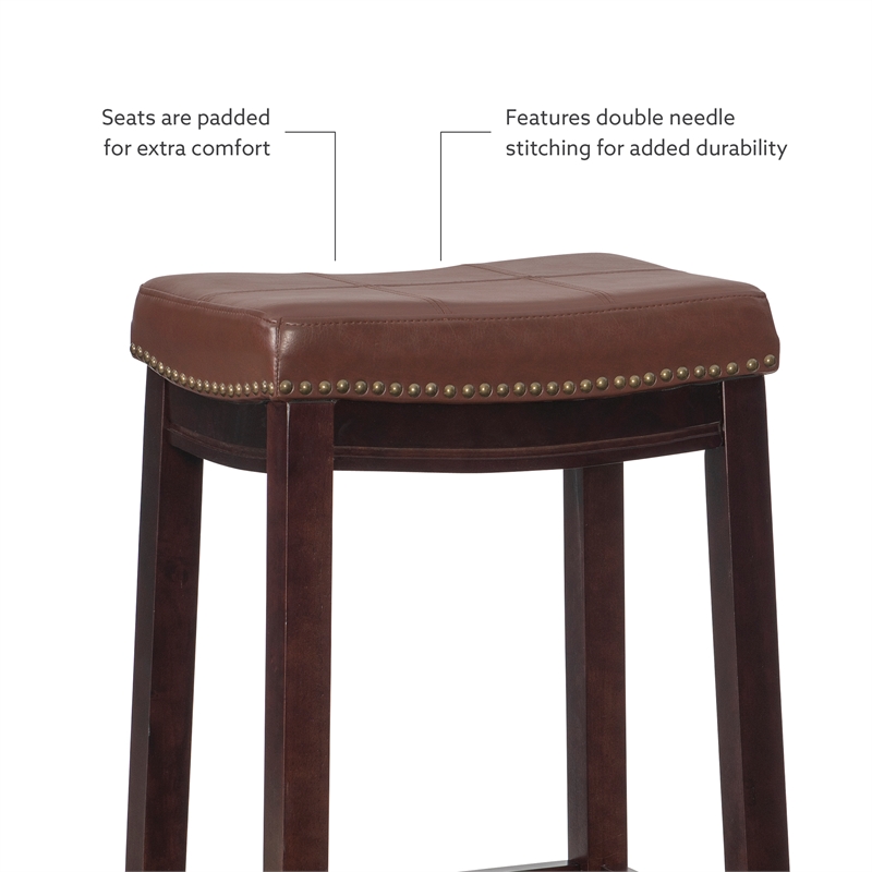 Linon Claridge Wood 3 Pce Bar Dining Set Cognac Faux Leather Seats in Brown