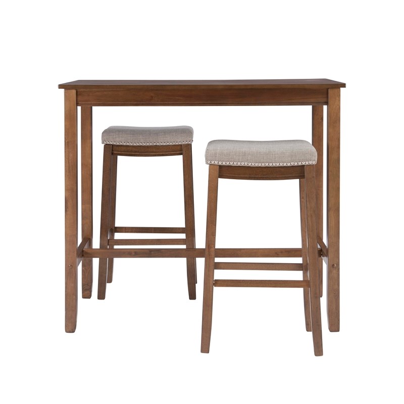 Linon Claridge Wood Three Piece Bar Dining Set Padded Seats in Rustic Brown