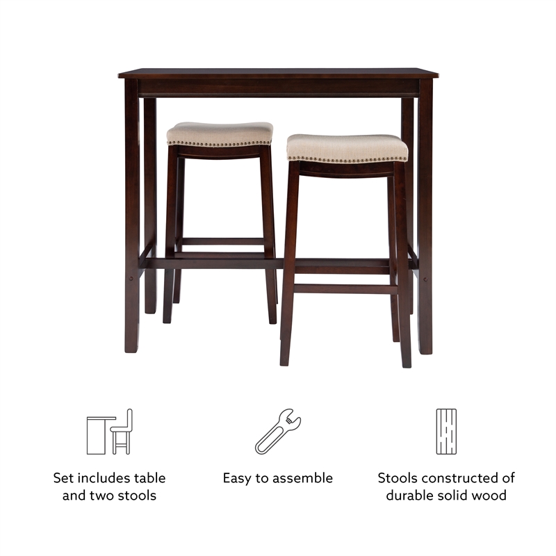 Linon Claridge Wood 3 Pce Bar Dining Set Natural Color Padded Seats in Walnut