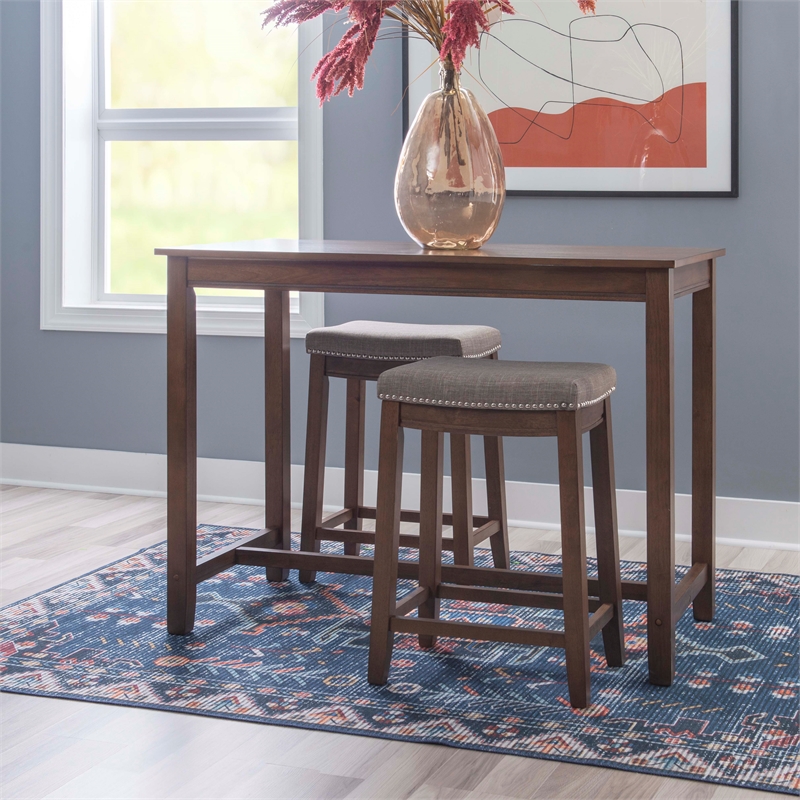 Linon Claridge Wood 3 Piece Counter Dining Set Gray Padded Seats in Rustic Brown