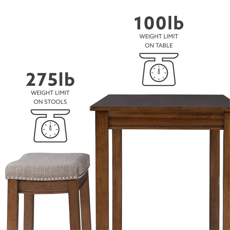 Linon Claridge Wood 3 Piece Counter Dining Set Gray Padded Seats in Rustic Brown