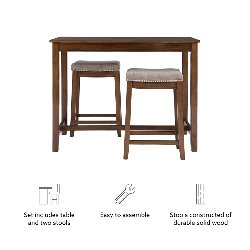 Linon Claridge Wood 3 Piece Counter Dining Set Gray Padded Seats in Rustic Brown