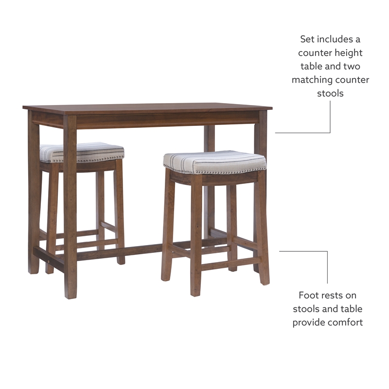 Linon Claridge Wood Three Piece Counter Dining Set Padded Striped Seats in Brown