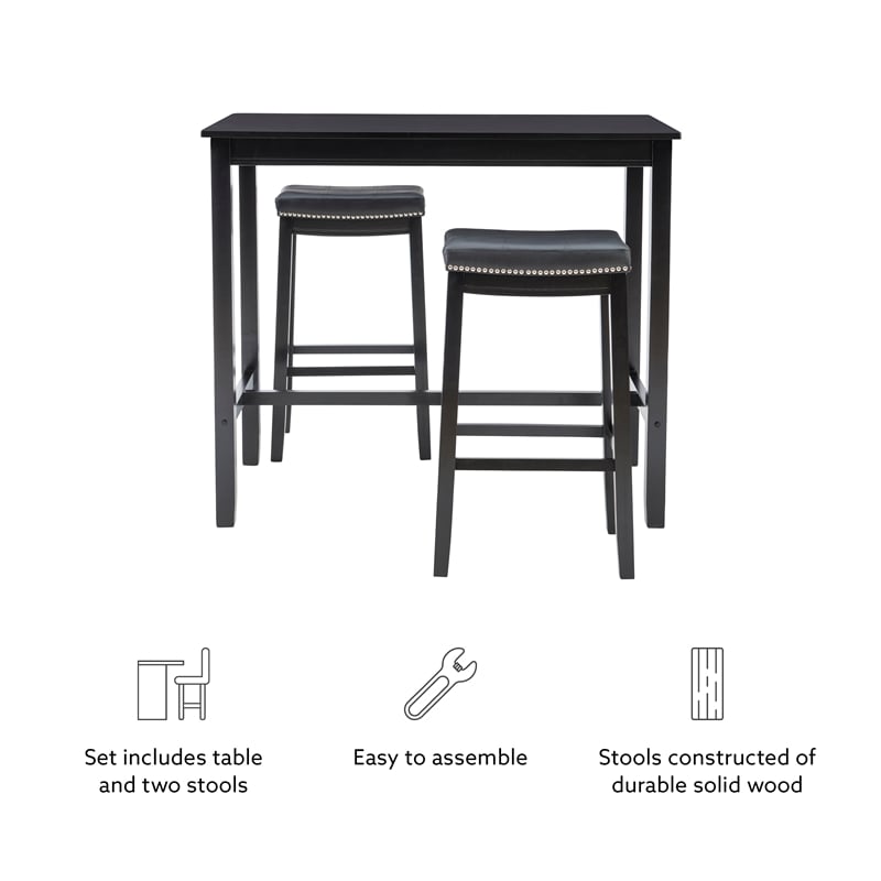 Linon Claridge Three Piece Bar Dining Set Faux Leather Seats in Black Wood
