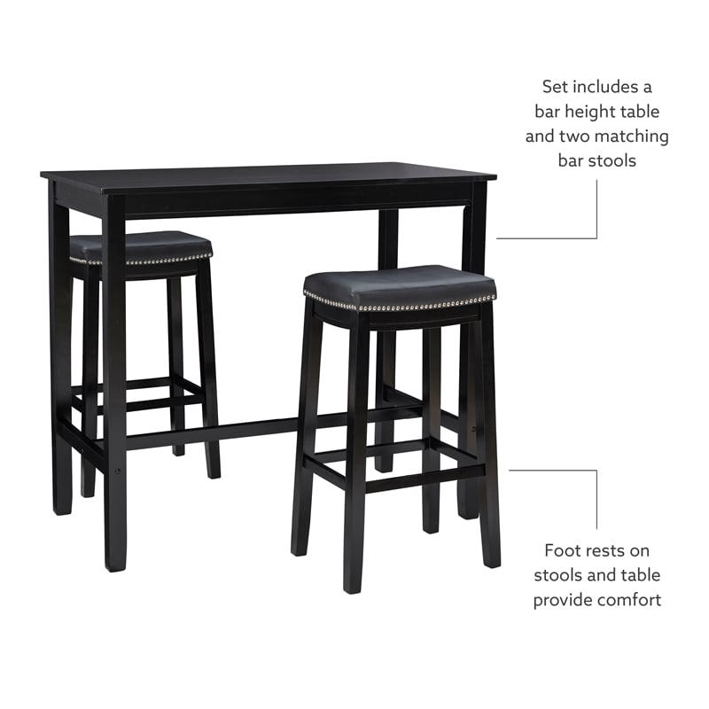 Linon Claridge Three Piece Bar Dining Set Faux Leather Seats in Black Wood