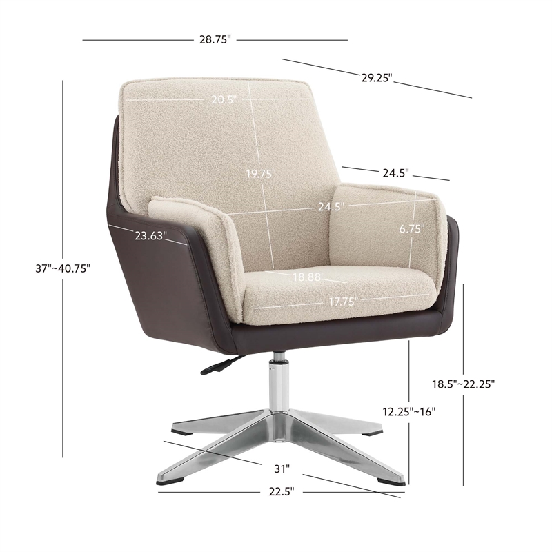 Linon Vivian Metal Adjustable Swivel Chair in Natural Sherpa/Brown Faux Leather