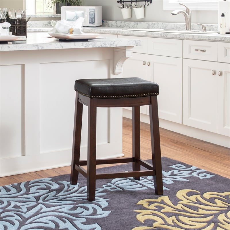 Linon Claridge Set of Two Wooden Counter Stools with Faux Leather Seats in Brown