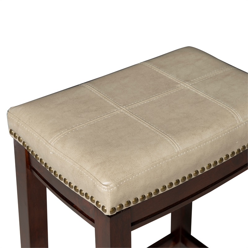 Linon Claridge Wood Set of 2 Counter Stools Beige Faux Leather Seats in Dk Brown