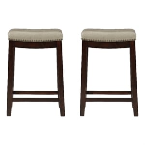 Linon Claridge Wood Set of 2 Counter Stools Beige Faux Leather Seats in Dk Brown