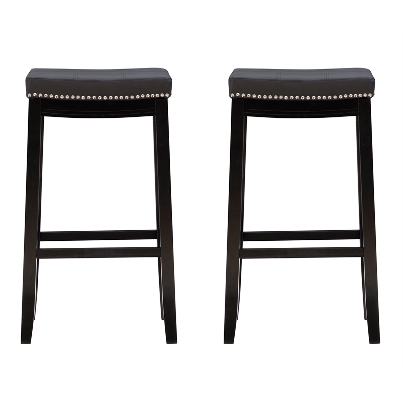 Linon Claridge Wood Set of Two Bar Stools Faux Leather Seats in Black