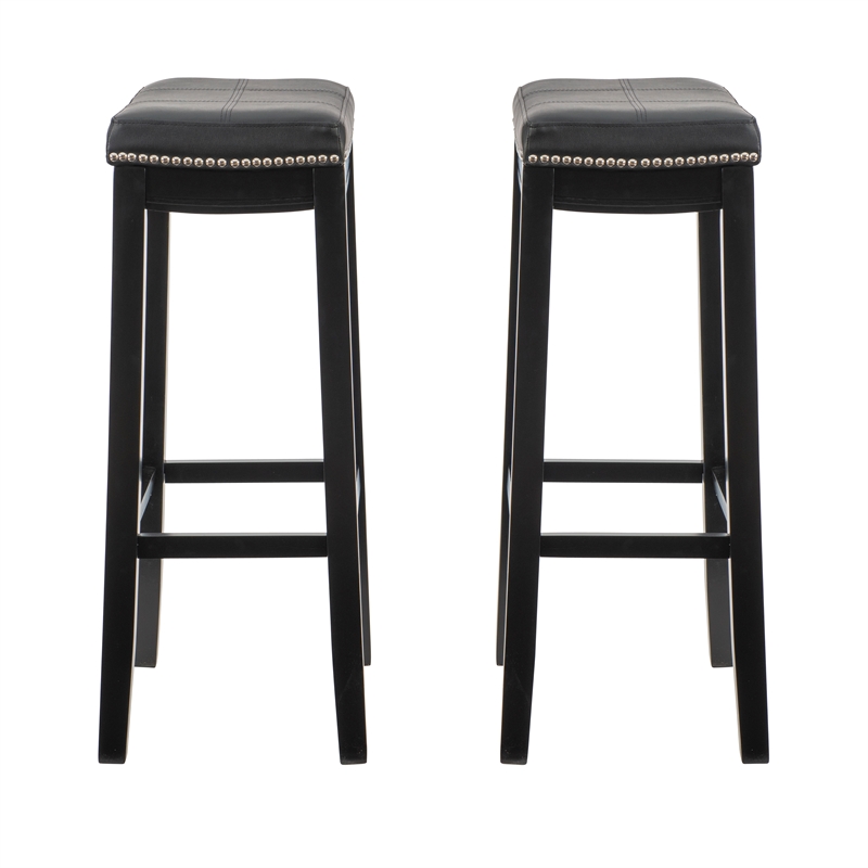 Linon Claridge Wood Set of Two Bar Stools Faux Leather Seats in Black