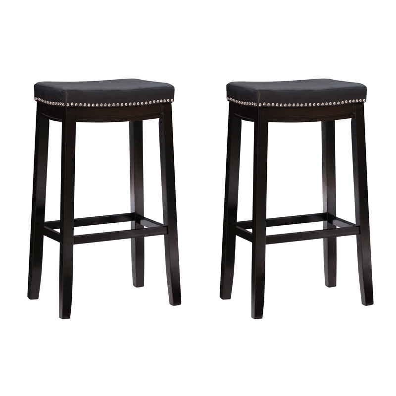 Linon Claridge Wood Set of Two Bar Stools Faux Leather Seats in Black