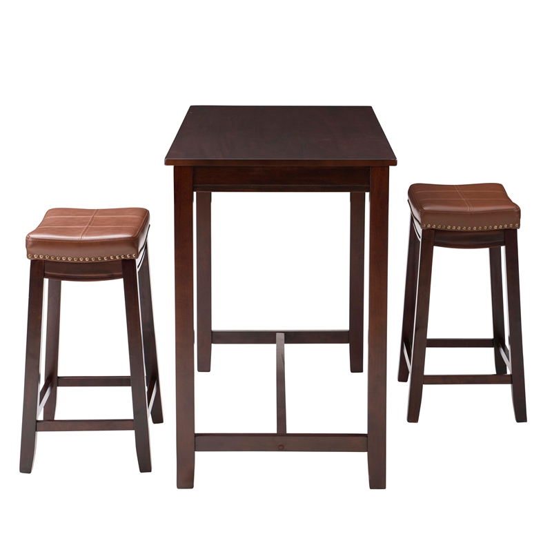 Linon Claridge Wood 3 Piece Counter Dining Set Faux Leather Seat in Cognac Brown