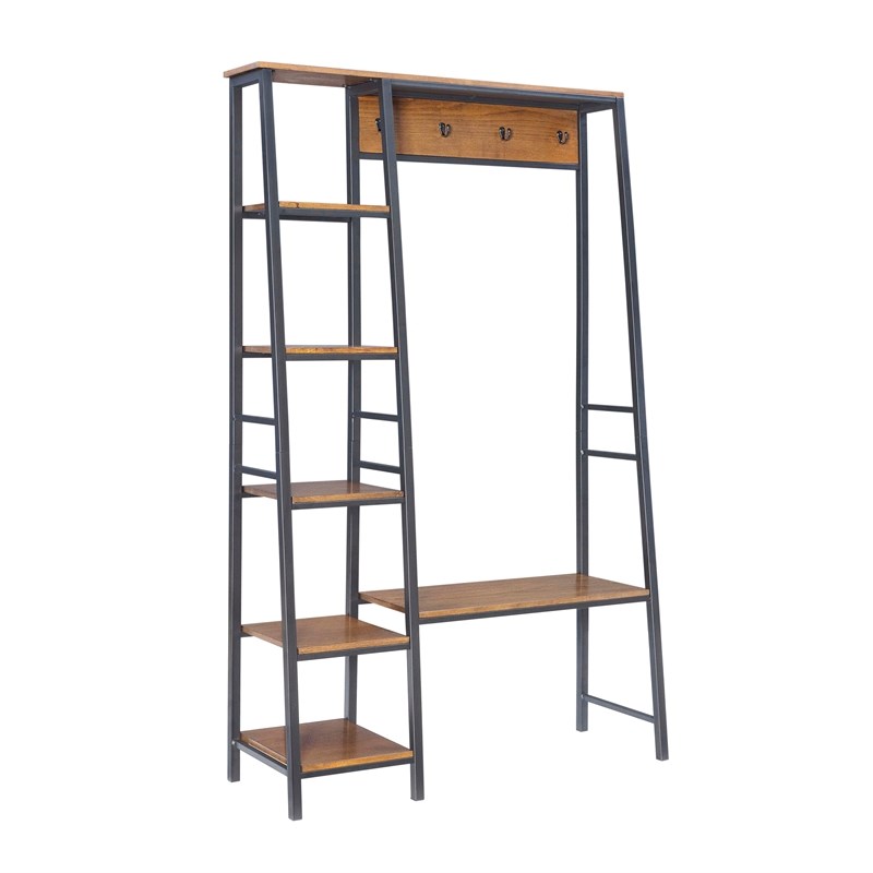 Linon Austin Sturdy Rustic Hall Tree 6 Wood Shelves 4 Hooks Metal Frame in Black