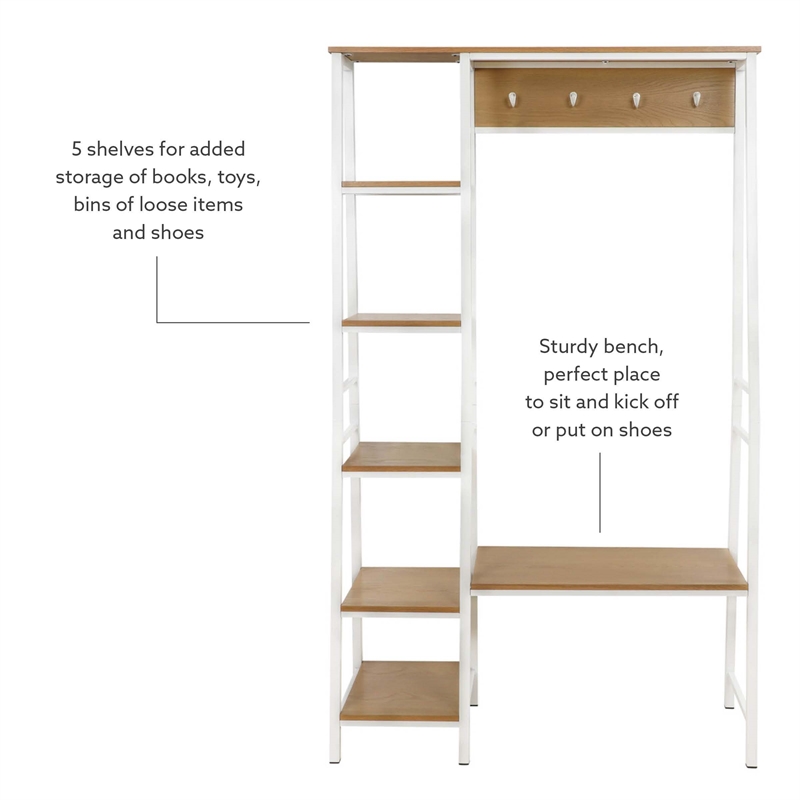 Linon Austin Sturdy Rustic Hall Tree 6 Wood Shelves 4 Hooks Metal Frame in White