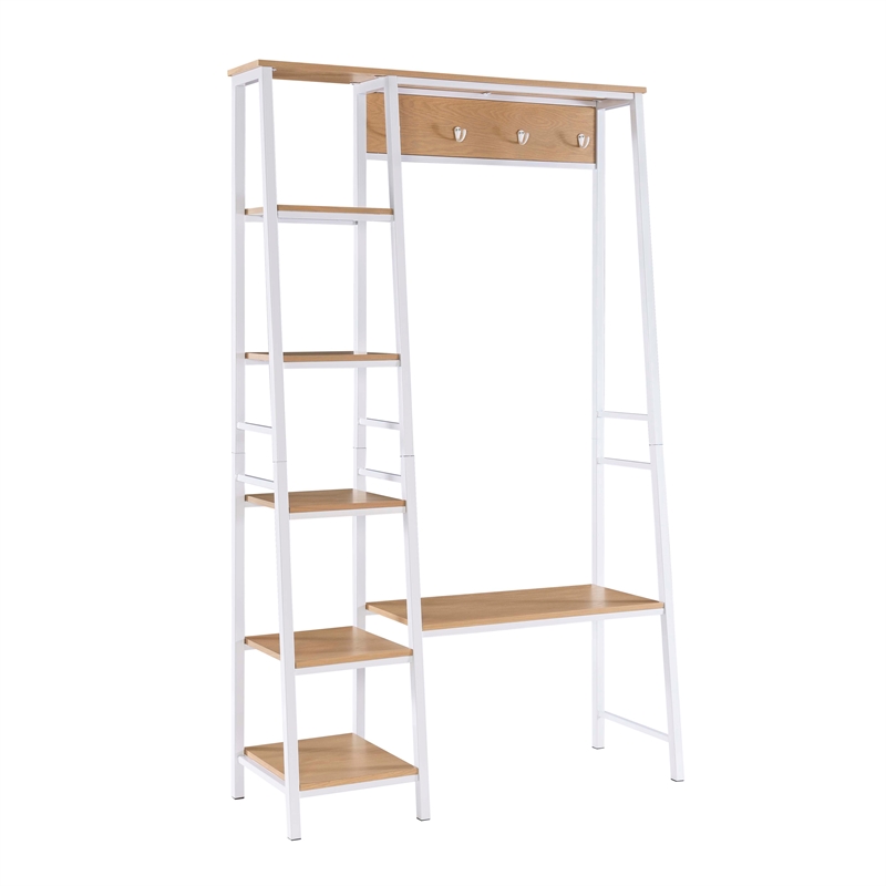Linon Austin Sturdy Rustic Hall Tree 6 Wood Shelves 4 Hooks Metal Frame in White