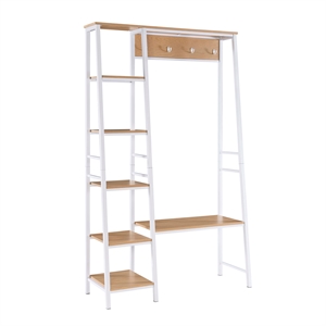 Linon Austin Sturdy Rustic Hall Tree 6 Wood Shelves 4 Hooks Metal Frame in White