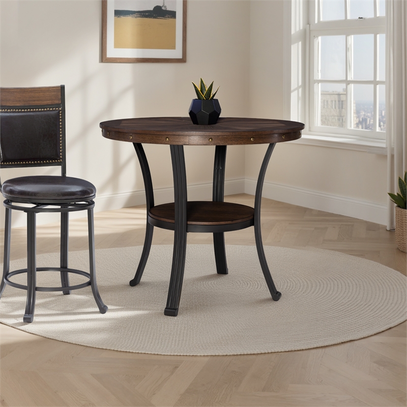 Linon Franklin Counter Height Table Metal Legs Wood Top & Shelf in Umber Brown