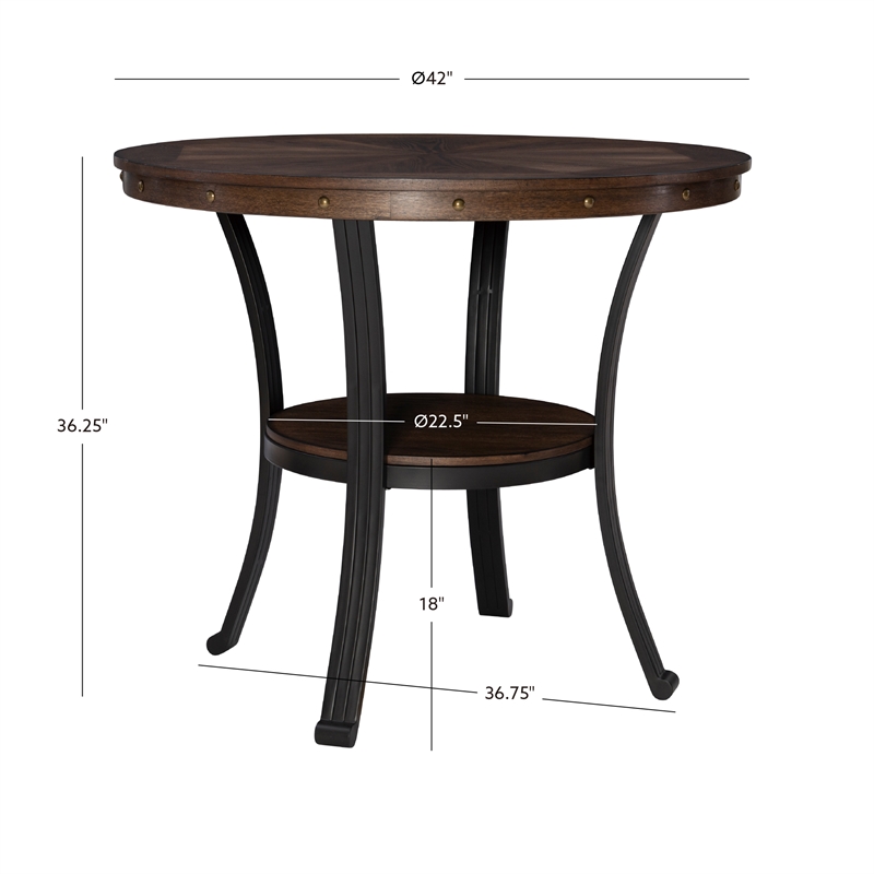 Linon Franklin Counter Height Table Metal Legs Wood Top & Shelf in Umber Brown