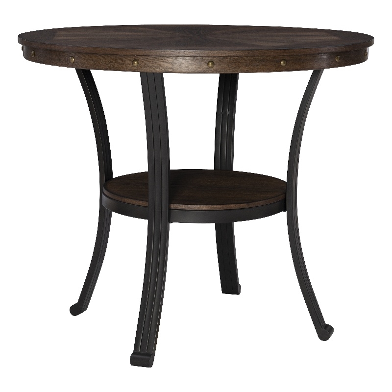 Linon Franklin Counter Height Table Metal Legs Wood Top & Shelf in Umber Brown