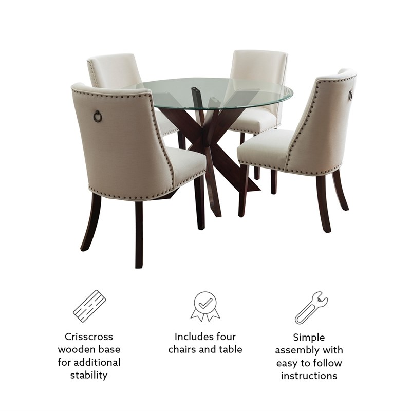 Linon Hale 5 Pce Dining Set Natural Fabric Chairs Glass Top in Espresso Wood