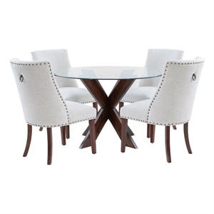 Linon Hale 5 Pce Dining Set Natural Fabric Chairs Glass Top in Espresso Wood