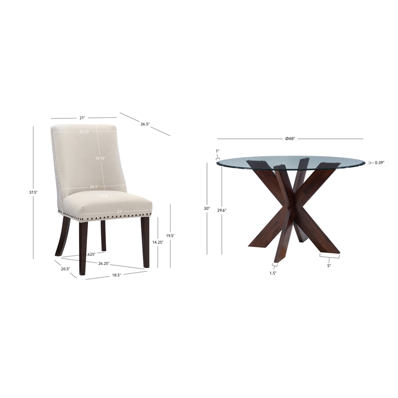 Linon Hale 5 Pce Dining Set Natural Fabric Chairs Glass Top in Espresso Wood