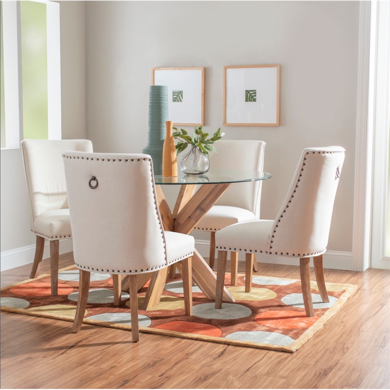 Linon Hale 5 Pce Upholstered Dining Set Round Table in Natural Wood/Gray Fabric