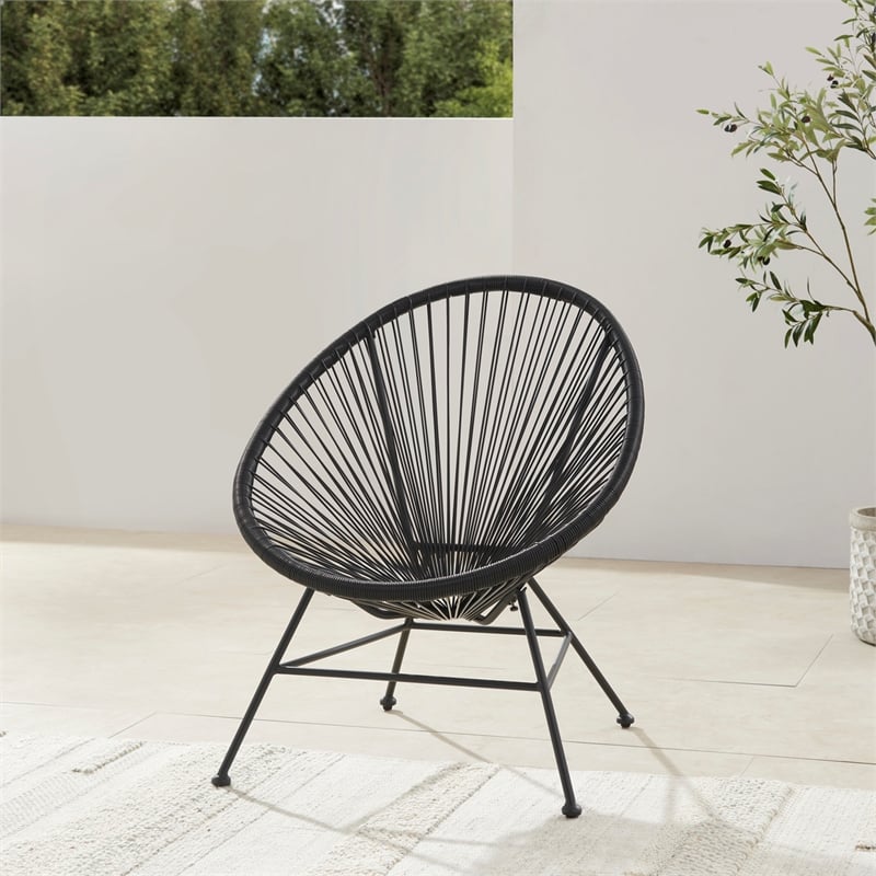 Linon Tallie Outdoor Oval Chair Handwoven Wicker Roping Steel Frame in Black