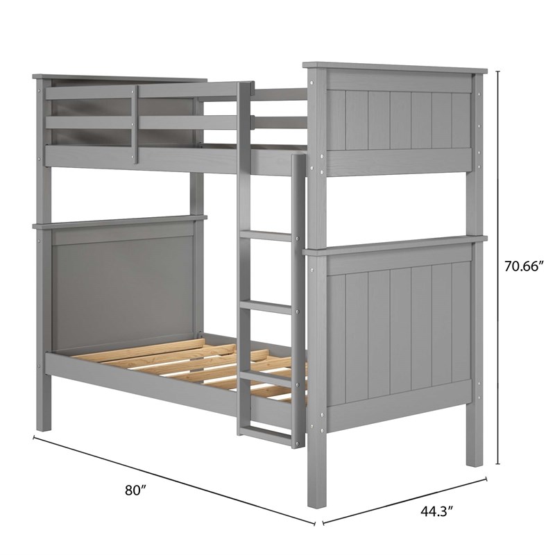 Linon Tilda Twin over Twin Bunk Bed with Top Guard Rails in Gray Solid Wood